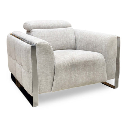 Side view of the Gisella Anivia Khaki Power Recliner Chair, demonstrating the quiet motor operation, custom headrest positioning, and fabric texture.
