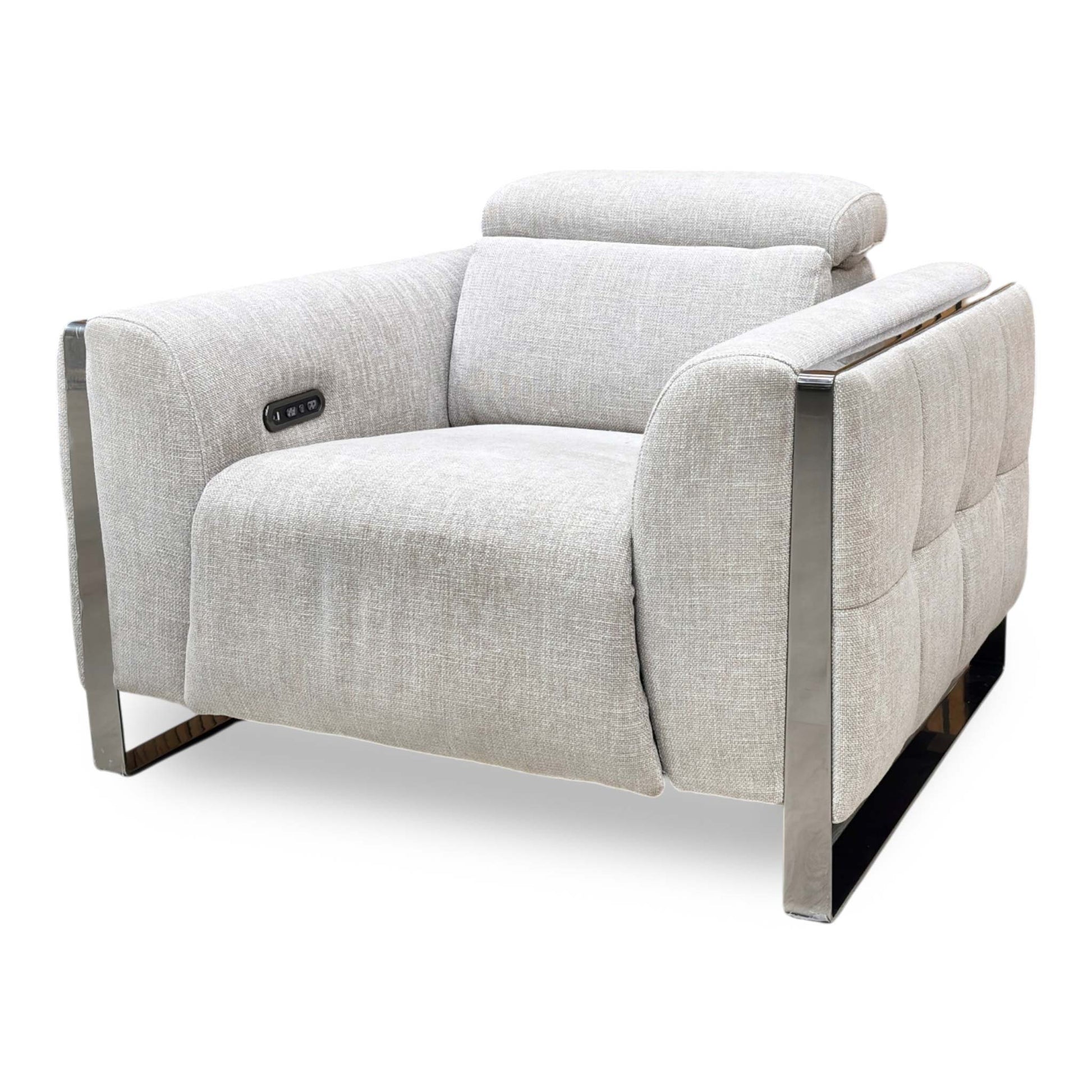 Side view of the Gisella Anivia Khaki Power Recliner Chair, demonstrating the quiet motor operation, custom headrest positioning, and fabric texture.