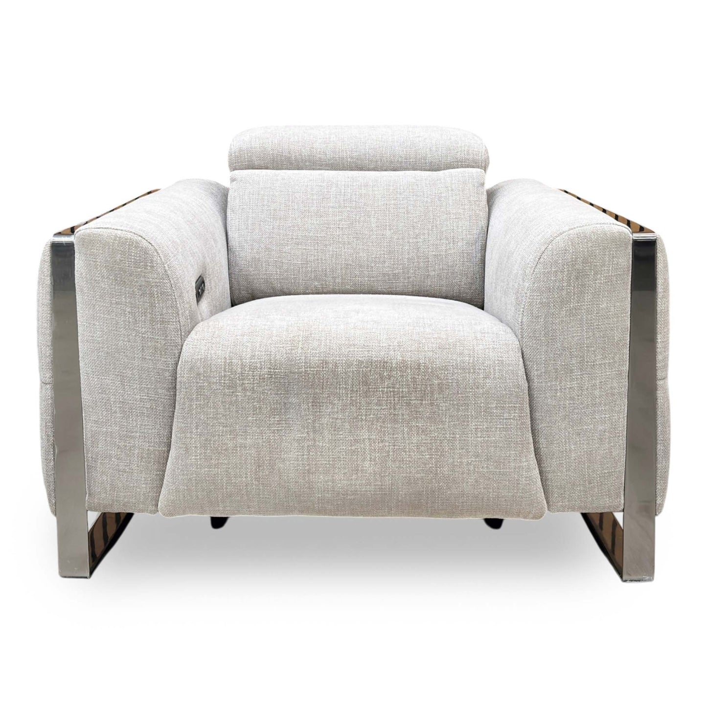 Front view of the Gisella recliner chair, highlighting the clean structural silhouette and the required wall clearance when the seat transitions into full recline.