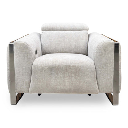 Front view of the Gisella recliner chair, highlighting the clean structural silhouette and the required wall clearance when the seat transitions into full recline.
