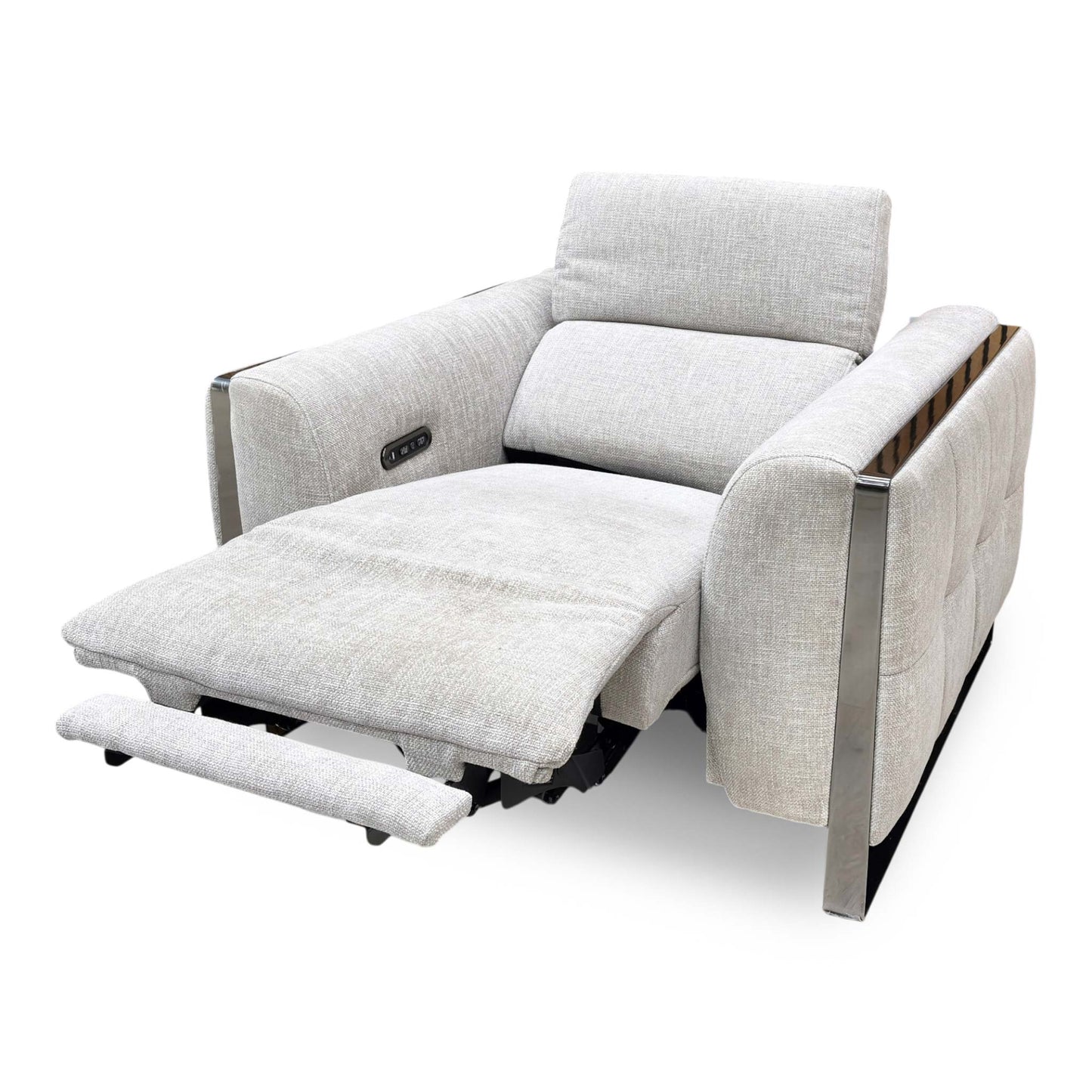 Side view of the Gisella Anivia Khaki Power Recliner Chair, demonstrating the quiet motor operation, custom headrest positioning, and fabric texture.