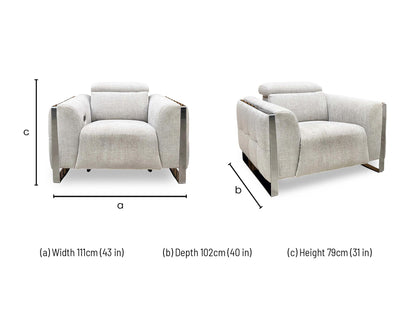 Technical dimension diagram for the Gisella Anivia Khaki Fabric Power Recliner Chair, indicating key measurements for total width, back height, and depth.