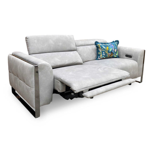 Full view of the Gisella 3-seater power recliner sofa upholstered in Dexter Stone grey fabric, featuring clean lines, plush padded armrests, and an integrated power reclining mechanism.
