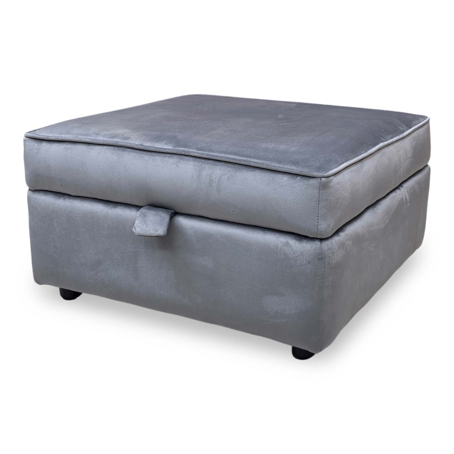 Side view of the Felix Steel Grey footstool, showing the easy removal of the lid to reveal the internal storage compartment for blankets or remotes.