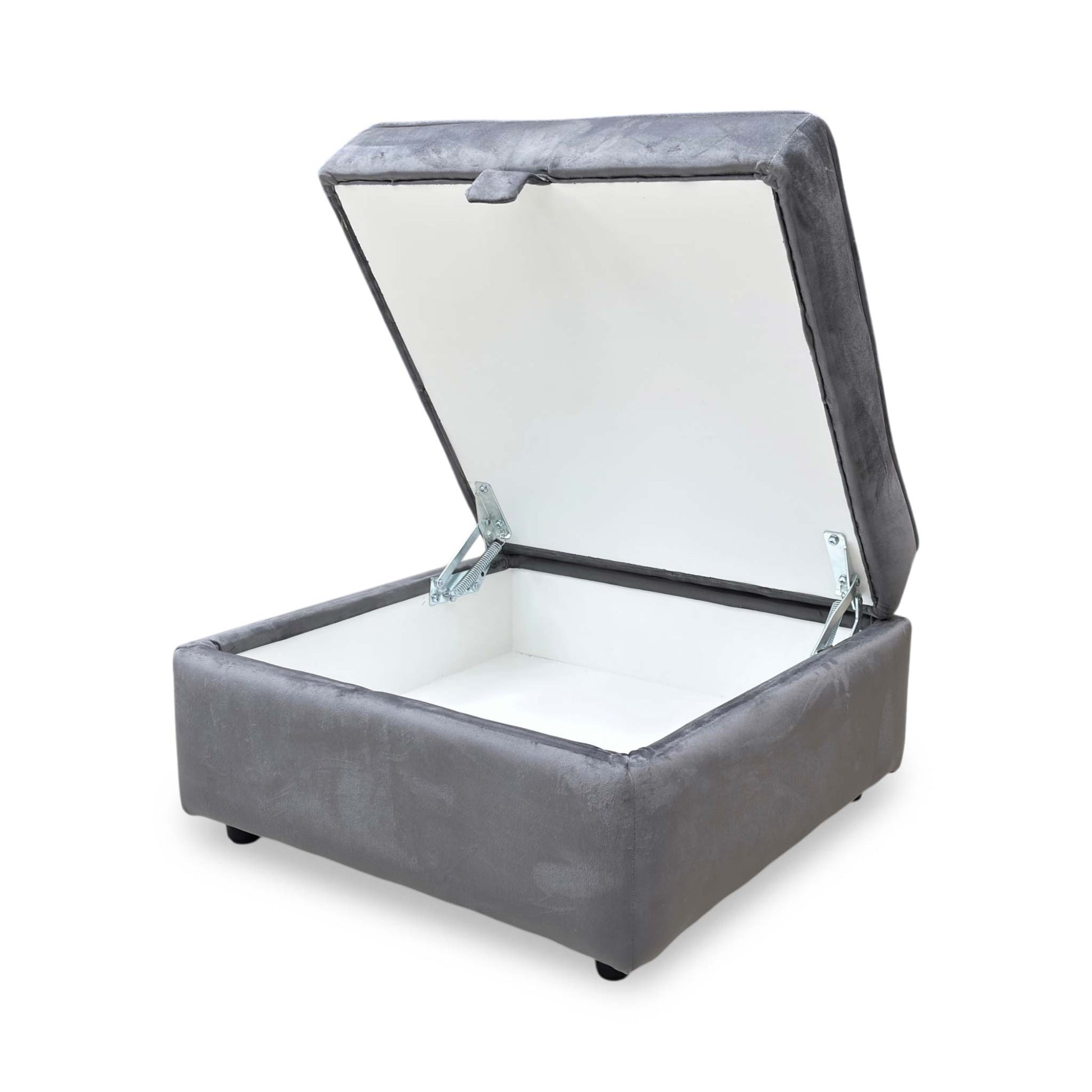 Side view of the Felix footstool, showcasing the smooth velvet texture and the modern industrial look of the cross-base metal legs.