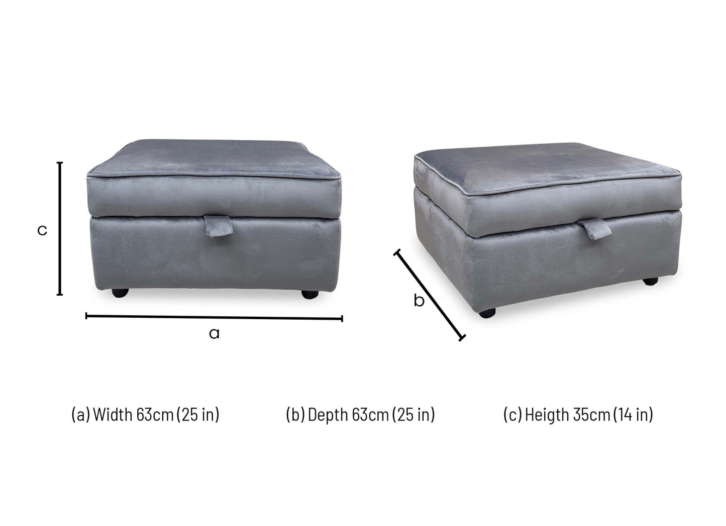 Technical dimension diagram for the ‘Felix’ Steel Grey Velvet Storage Footstool, providing measurements for diameter and total height.