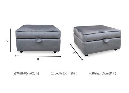 Technical dimension diagram for the ‘Felix’ Steel Grey Velvet Storage Footstool, providing measurements for diameter and total height.