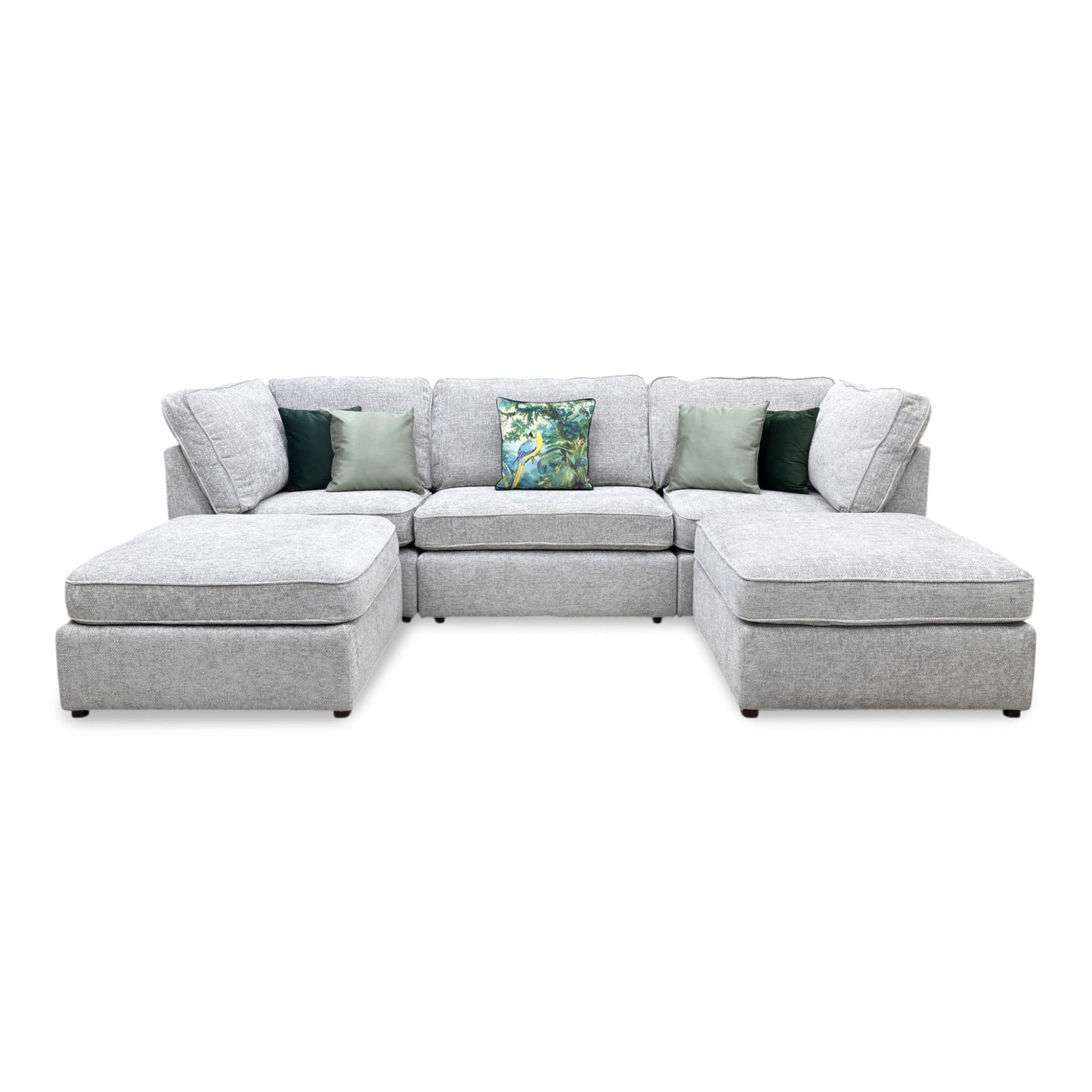 Front view of the Emilia Silver fabric, showing the fine weave that creates a multidimensional metallic look under varied indoor lighting conditions.