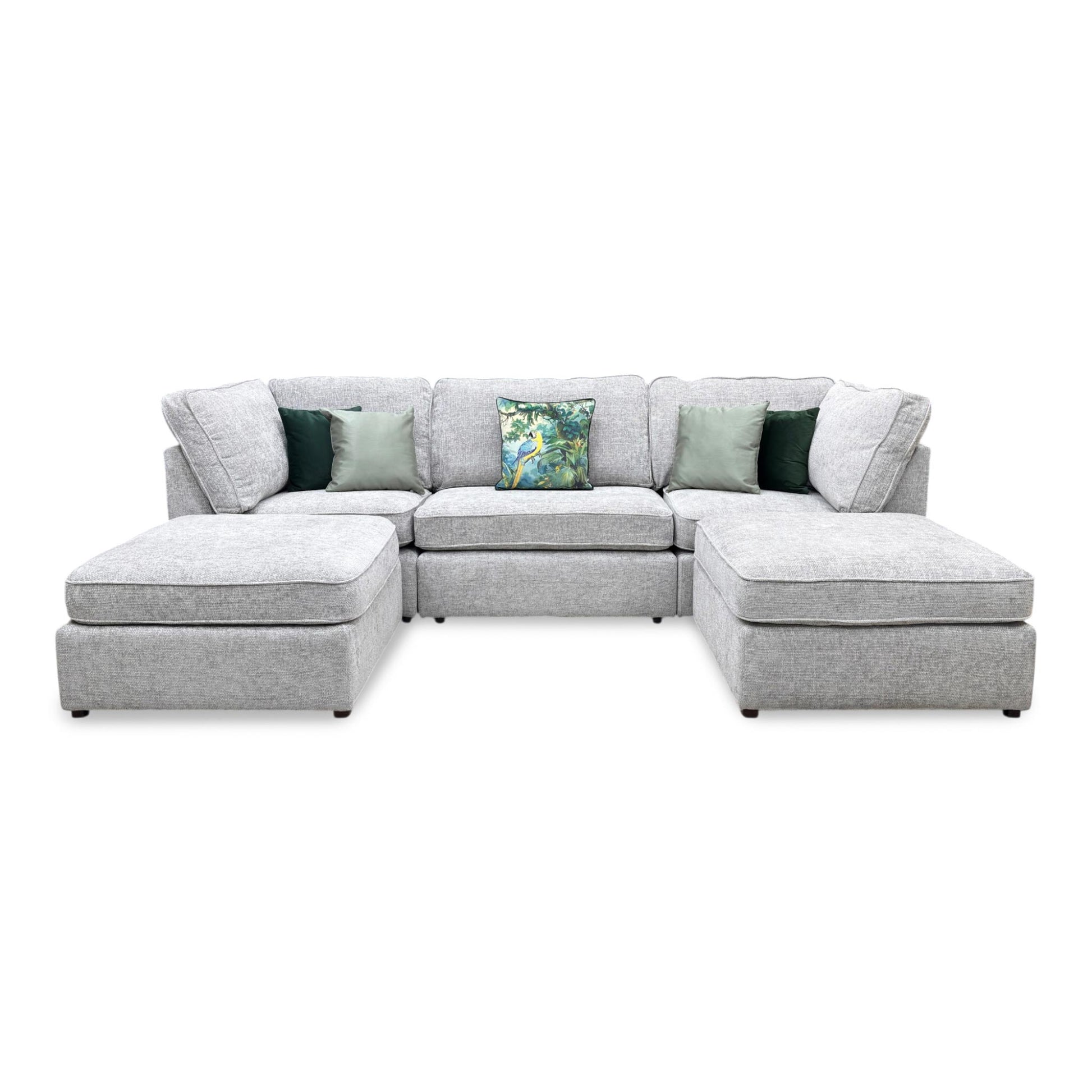 Front view of the Emilia Silver fabric, showing the fine weave that creates a multidimensional metallic look under varied indoor lighting conditions.