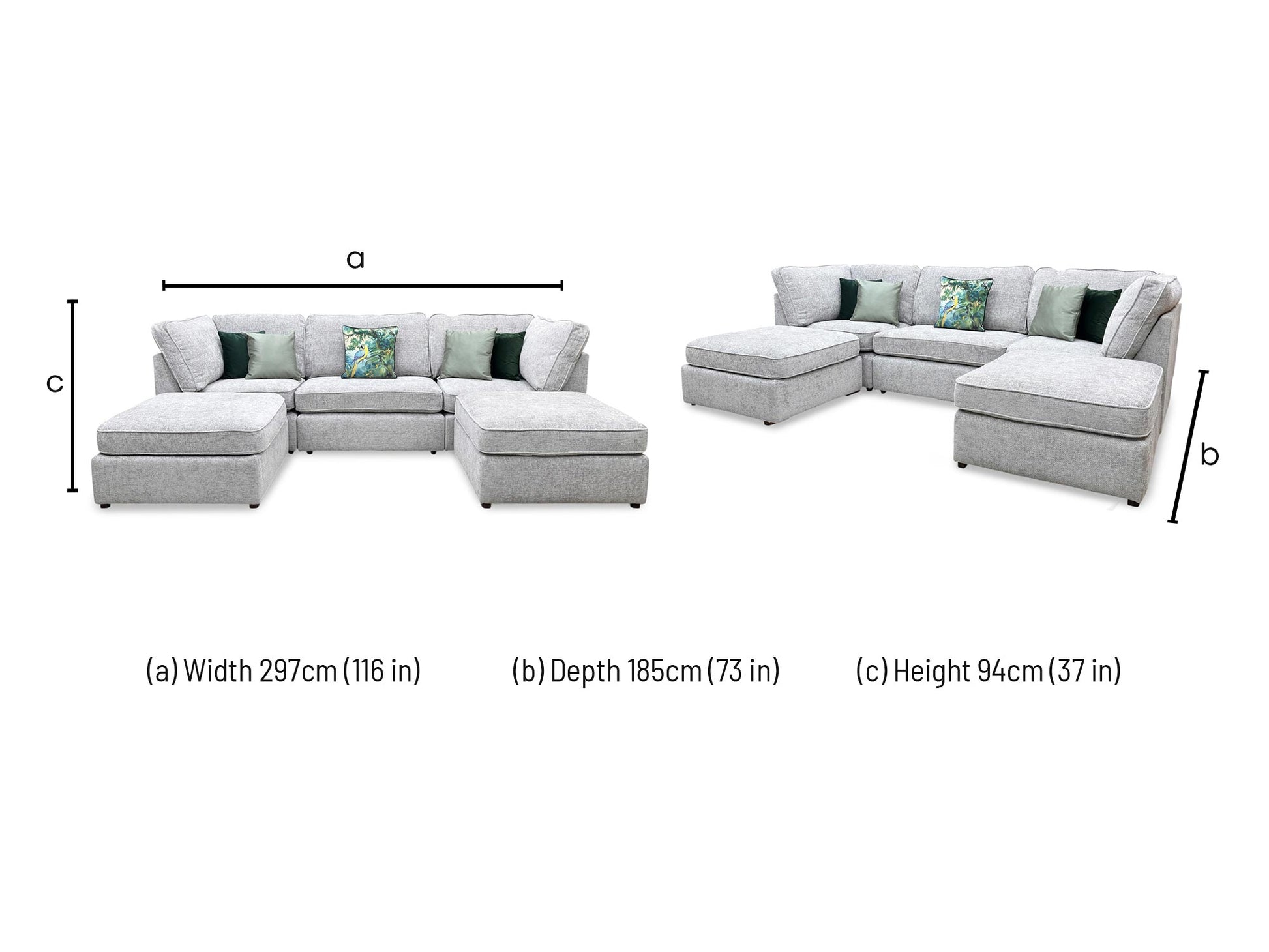 Technical dimension guide for the Emilia Silver Fabric U-shape sofa, providing essential measurements for the outer width and the depth of the twin chaise wings.