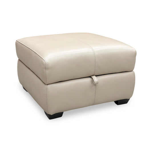 Full view of the World of Leather ‘Elixir’ Pebble Cream Leather Storage Footstool, showing the premium pebble-grained leather and modern cushioned top.