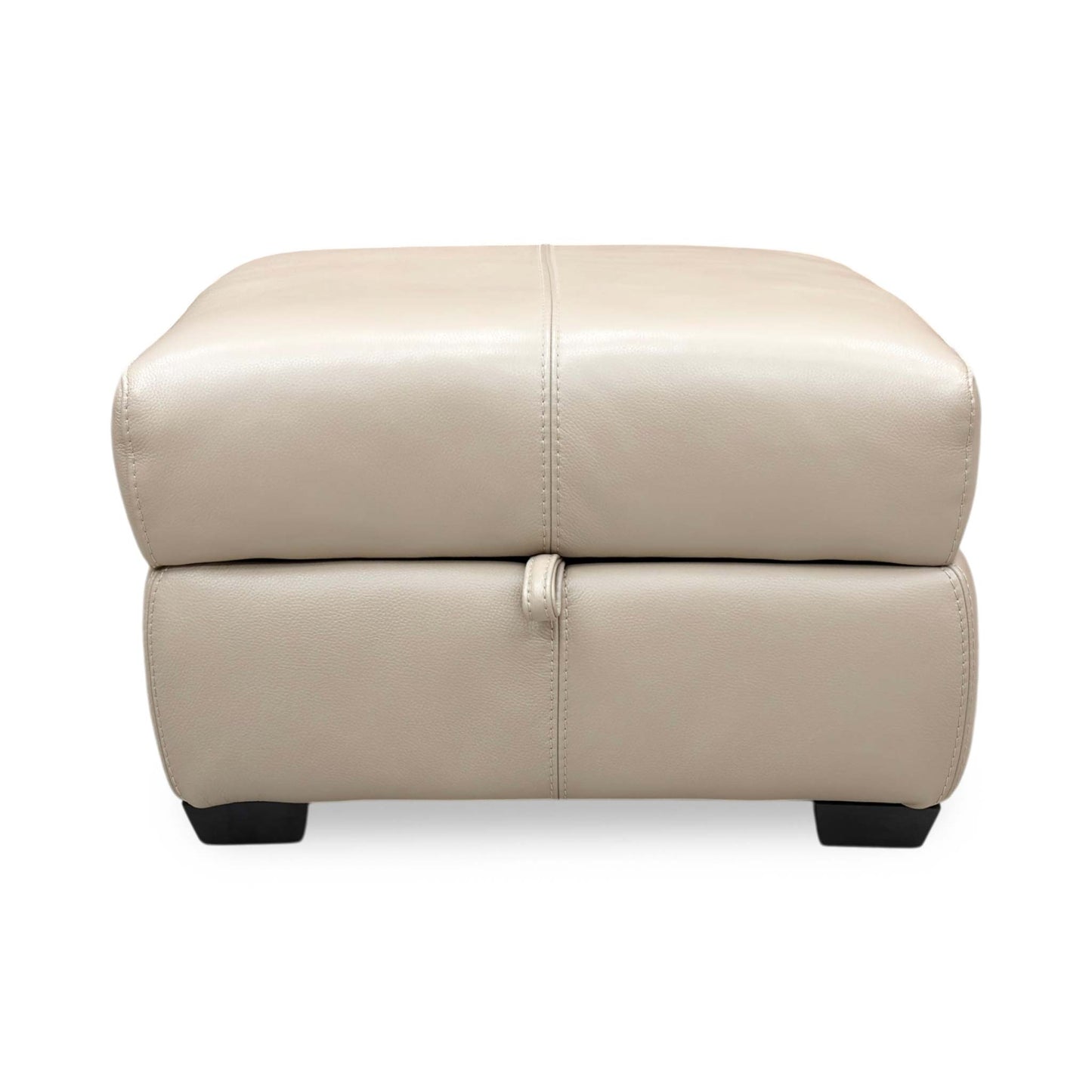 Front view of the World of Leather ‘Elixir’ Pebble Cream Leather Storage Footstool, featuring a plush cushioned top and modern chrome-finished legs.