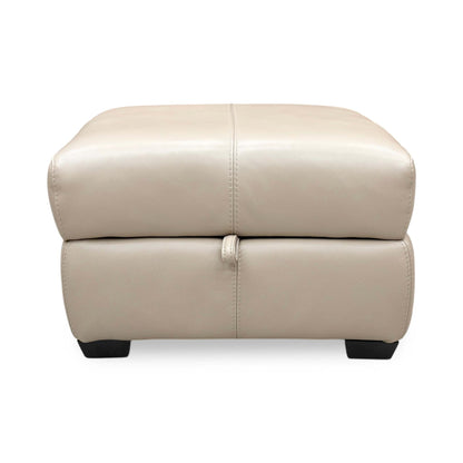 Front view of the World of Leather ‘Elixir’ Pebble Cream Leather Storage Footstool, featuring a plush cushioned top and modern chrome-finished legs.