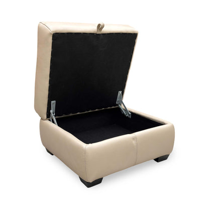 Side profile view emphasizing the low-profile chrome legs and the clean, modern lines of the footstool design.