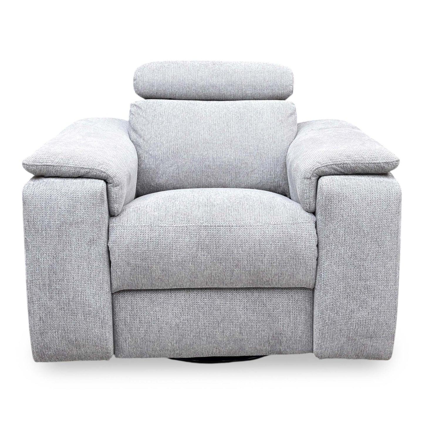 Front view  of the Nicoletti Davide light grey chair, highlighting its 360-degree swivel, smooth rocking motion, and power reclining functionality.