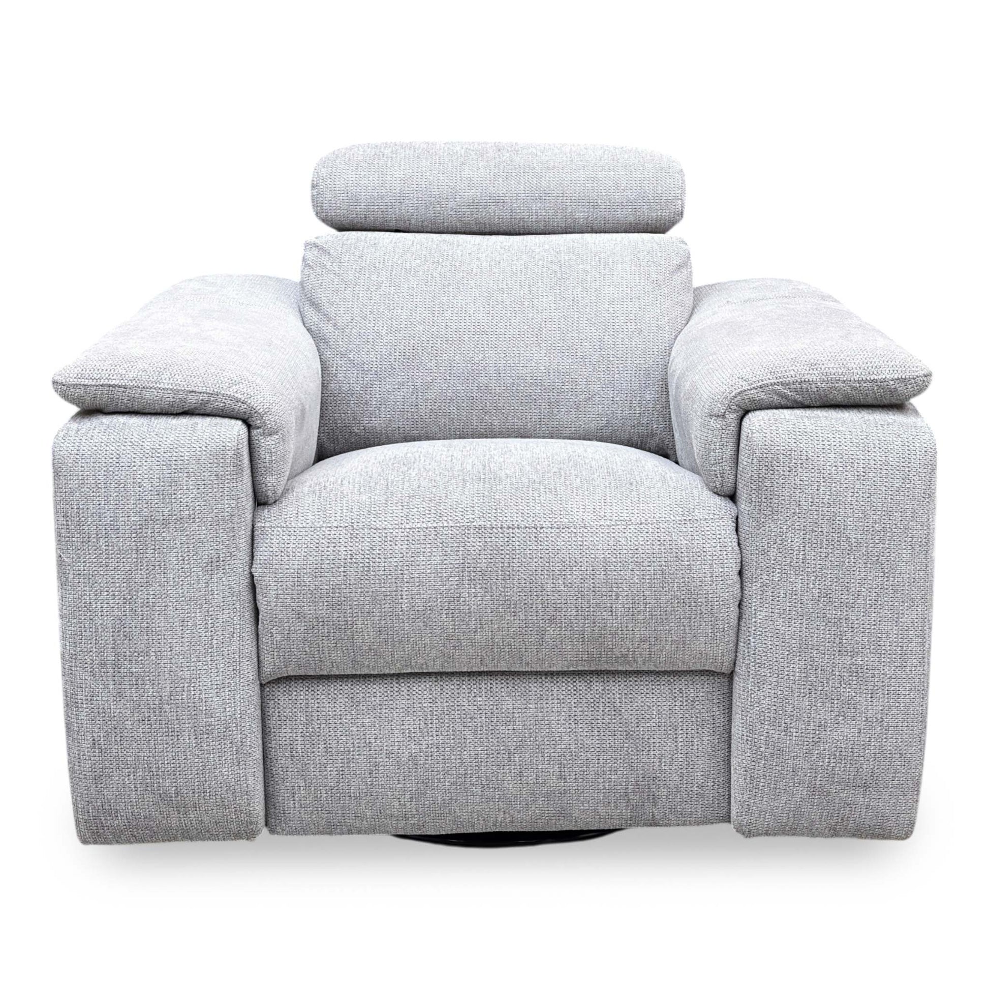 Front view  of the Nicoletti Davide light grey chair, highlighting its 360-degree swivel, smooth rocking motion, and power reclining functionality.