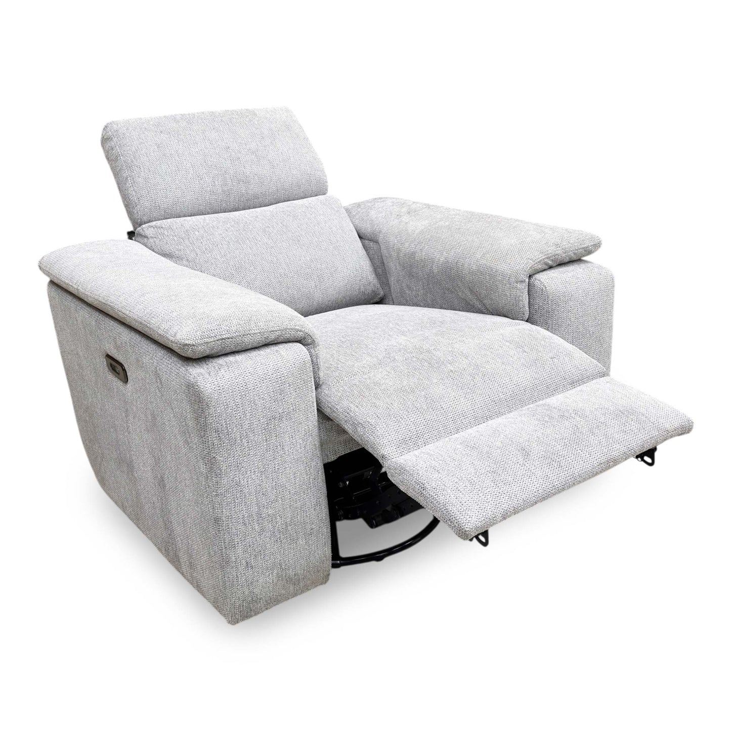 Full view of the Nicoletti ‘Davide’ power recliner armchair in light grey fabric, showcasing its contemporary Italian design and premium upholstered finish.