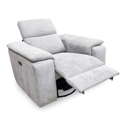 Full view of the Nicoletti ‘Davide’ power recliner armchair in light grey fabric, showcasing its contemporary Italian design and premium upholstered finish.