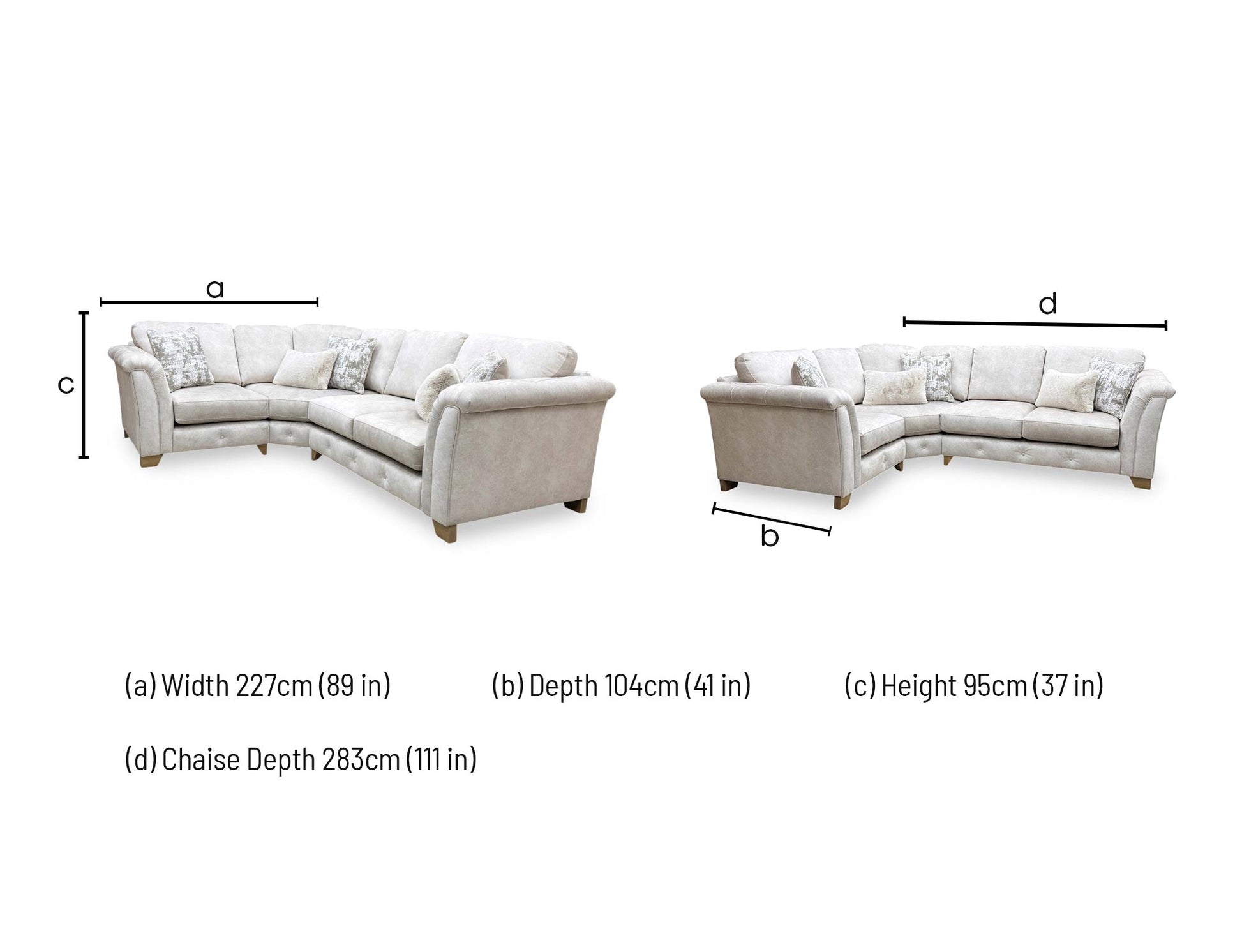 Technical dimension diagram for the ‘Aura’ Kenzo Cream Velvet Classic Back Corner Sofa: Width 227cm, Depth 104cm, Height 95cm, Chaise Depth 283cm.