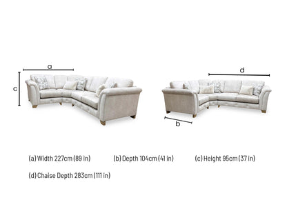 Technical dimension diagram for the ‘Aura’ Kenzo Cream Velvet Classic Back Corner Sofa: Width 227cm, Depth 104cm, Height 95cm, Chaise Depth 283cm.