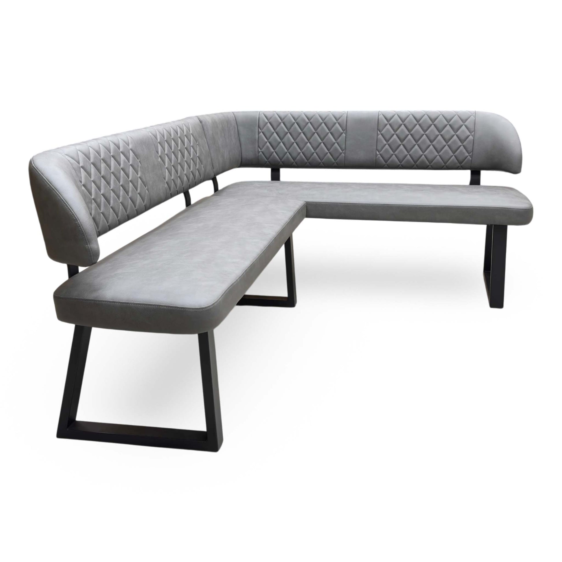 Side perspective view showing the deep foam-cushioned seating surface and premium grey faux leather stitching detail.