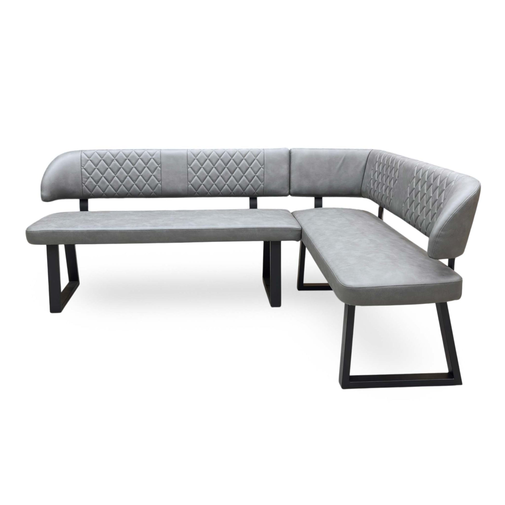 Side perspective view showing the deep foam-cushioned seating surface and premium grey faux leather stitching detail.