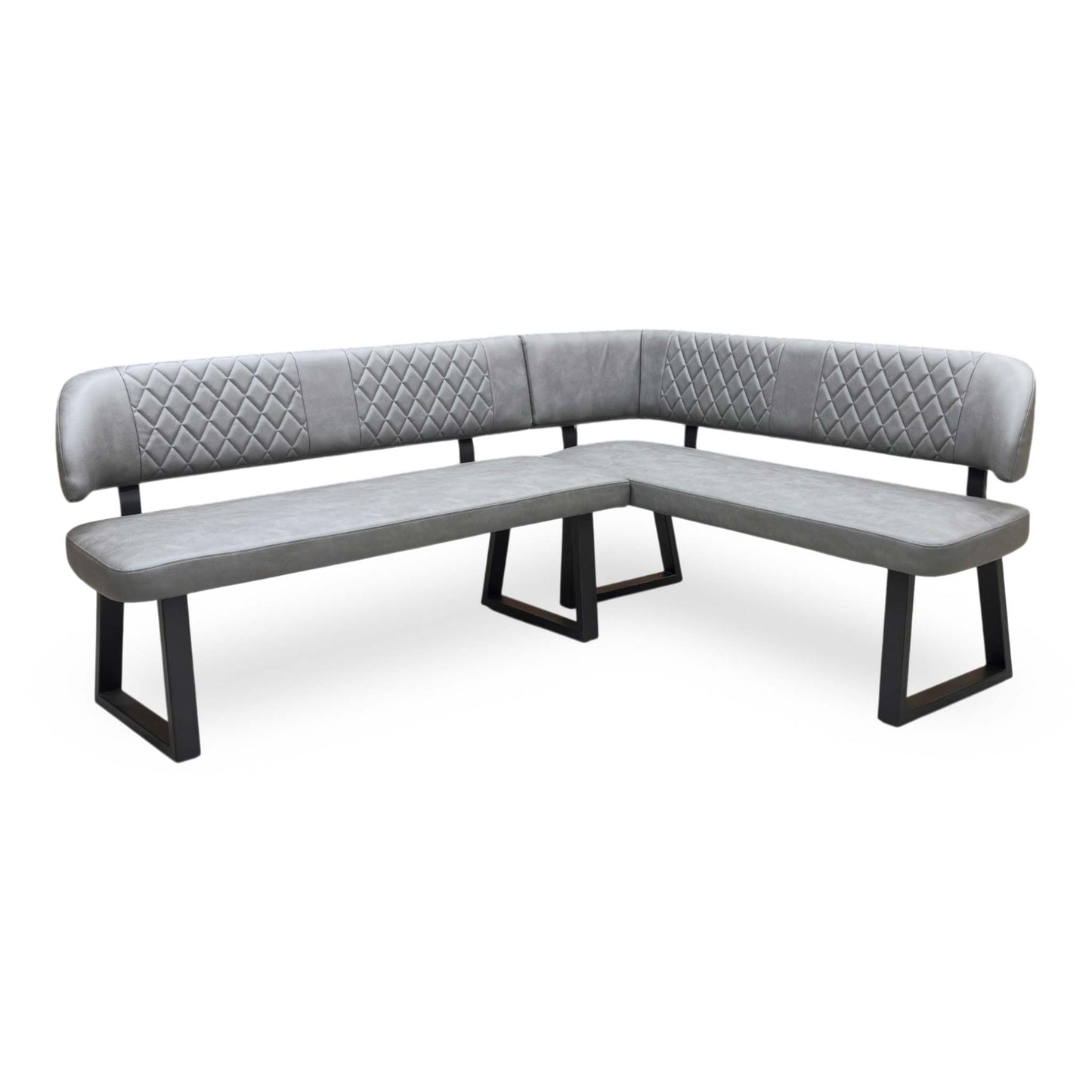 Full view of the Furniture Village ‘Venus’ Grey Faux Leather Right Hand Facing Corner Dining Bench, highlighting its modern, space-saving L-shaped industrial design.