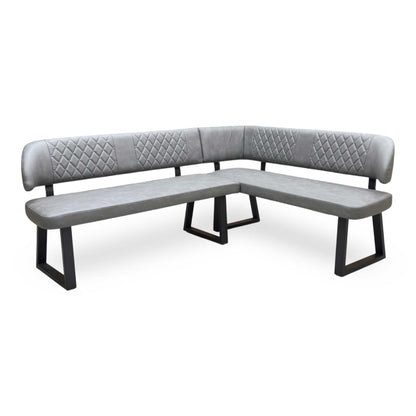Full view of the Furniture Village ‘Venus’ Grey Faux Leather Right Hand Facing Corner Dining Bench, highlighting its modern, space-saving L-shaped industrial design.
