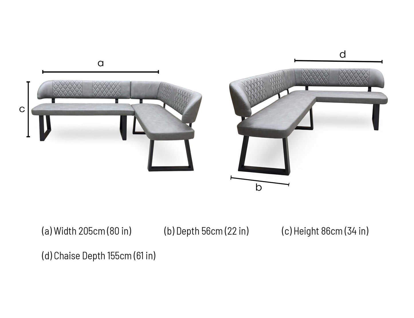 Technical dimension diagram for the ‘Venus’ Grey Faux Leather Right Hand Facing Corner Dining Bench: Width 205cm, Depth 56cm, Height 86cm, Chaise Depth 155cm.