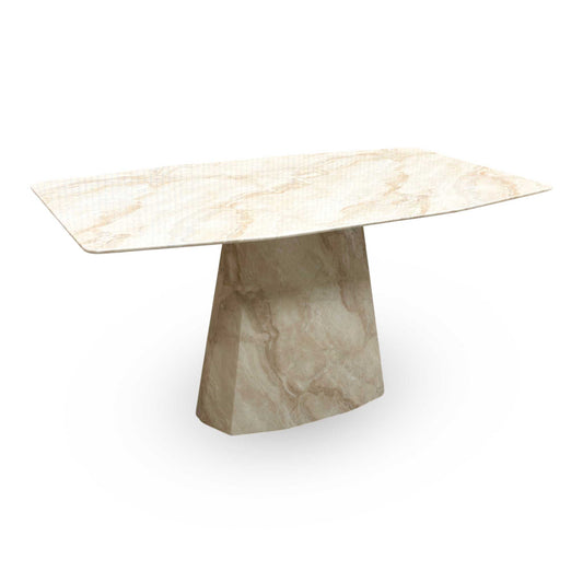 Full view The Elegante 150cm dining table featuring a solid natural marble top with a high-gloss finish and a substantial matching marble pedestal base.