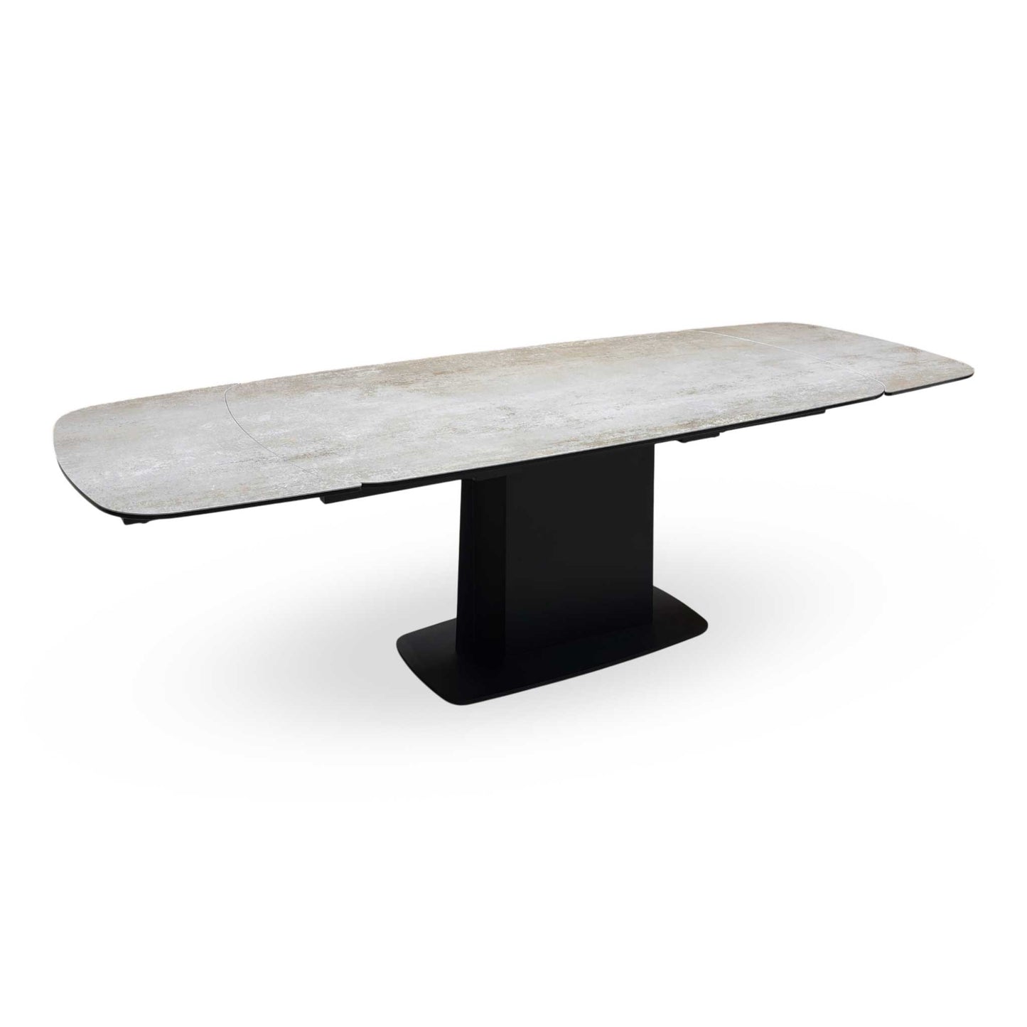 Full view of the Catalina large extending dining table featuring a premium grey ceramic top with a marble-effect finish and a contemporary black cross-frame metal base.
