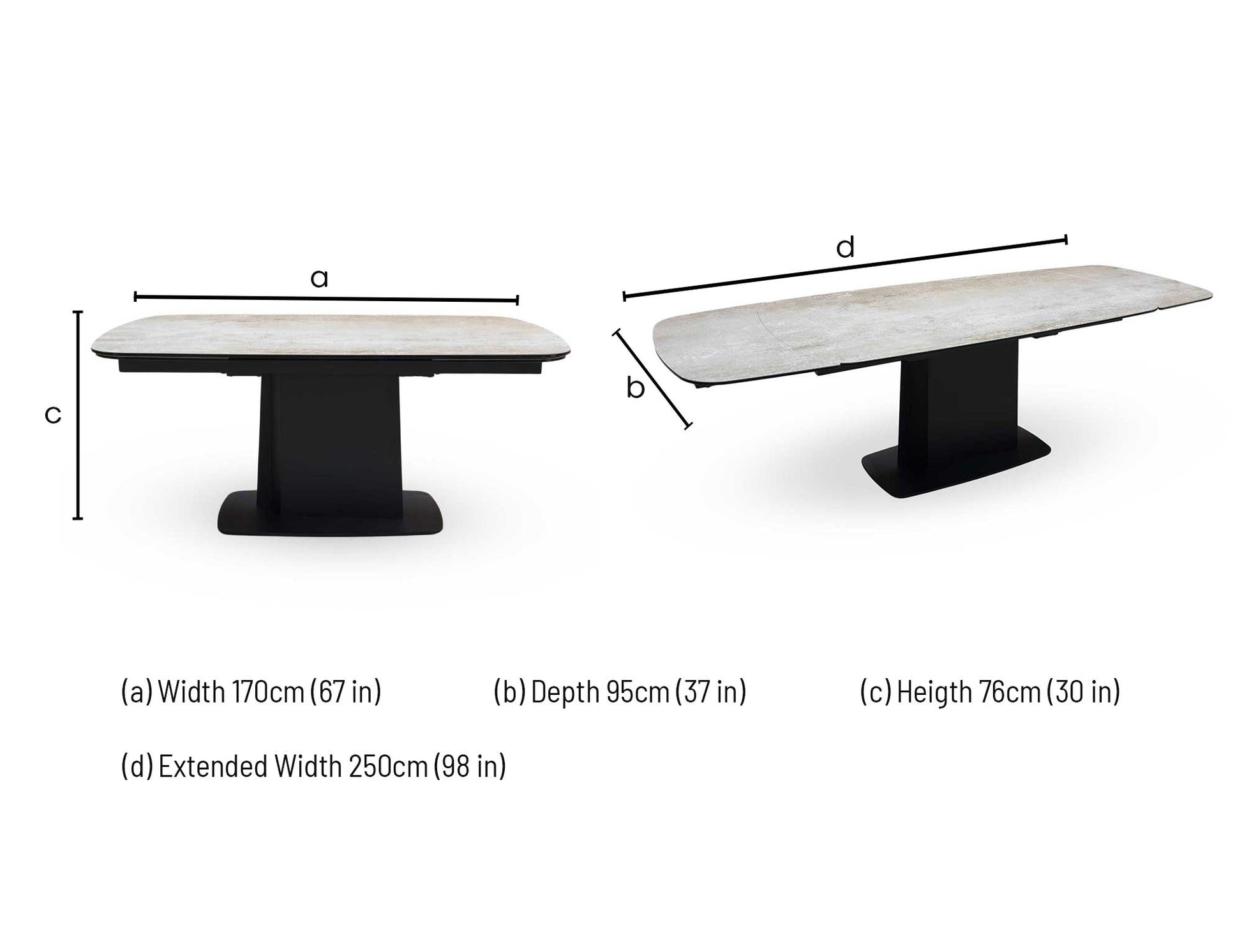 Technical dimension diagram for the Catalina Large Extending Ceramic Top Dining Table, displaying measurements for both closed and fully extended lengths.