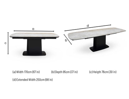 Technical dimension diagram for the Catalina Large Extending Ceramic Top Dining Table, displaying measurements for both closed and fully extended lengths.