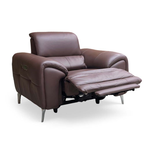 Full view of the Vino Oslo power recliner armchair in Mulberry Red leather, featuring a sleek modern design with integrated power controls and a premium grained leather finish.