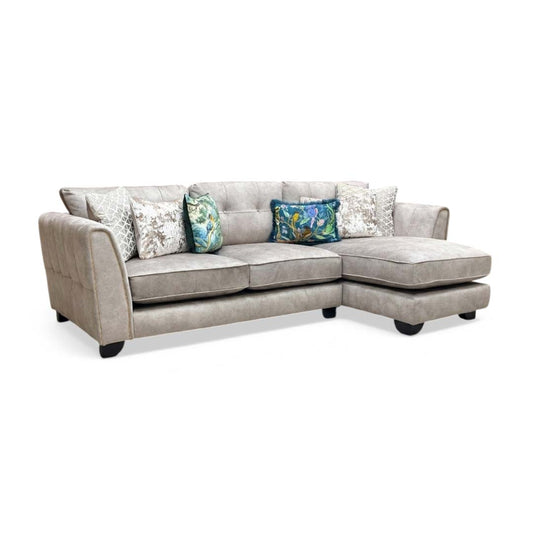 Full view of the Mariah Right-Hand Facing (RHF) chaise end sofa in Dapple Cream fabric, featuring a classic back design and a distinctive triple brass insert detail on the armrest.