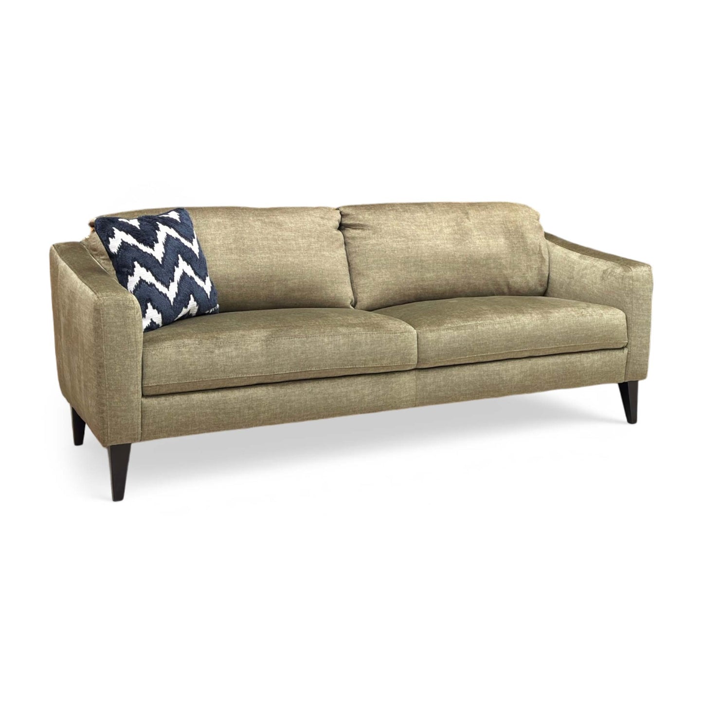 Full view of the Oslo 3-seater sofa upholstered in Vogue Olive Green velvet, featuring a sleek mid-century modern design with piped edge detailing and tapered black legs.
