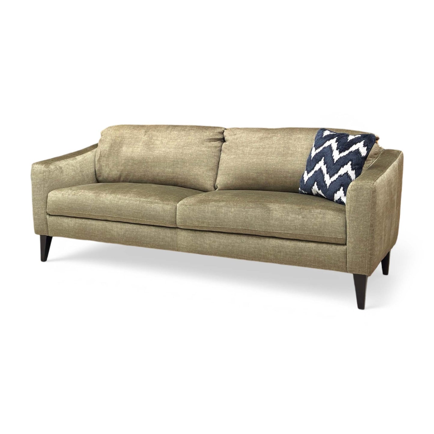 the Oslo Vogue Olive Green Velvet 3 Seater Sofa, demonstrating the fabric’s soft sheen, the firmness of the back cushions, and overall build quality.