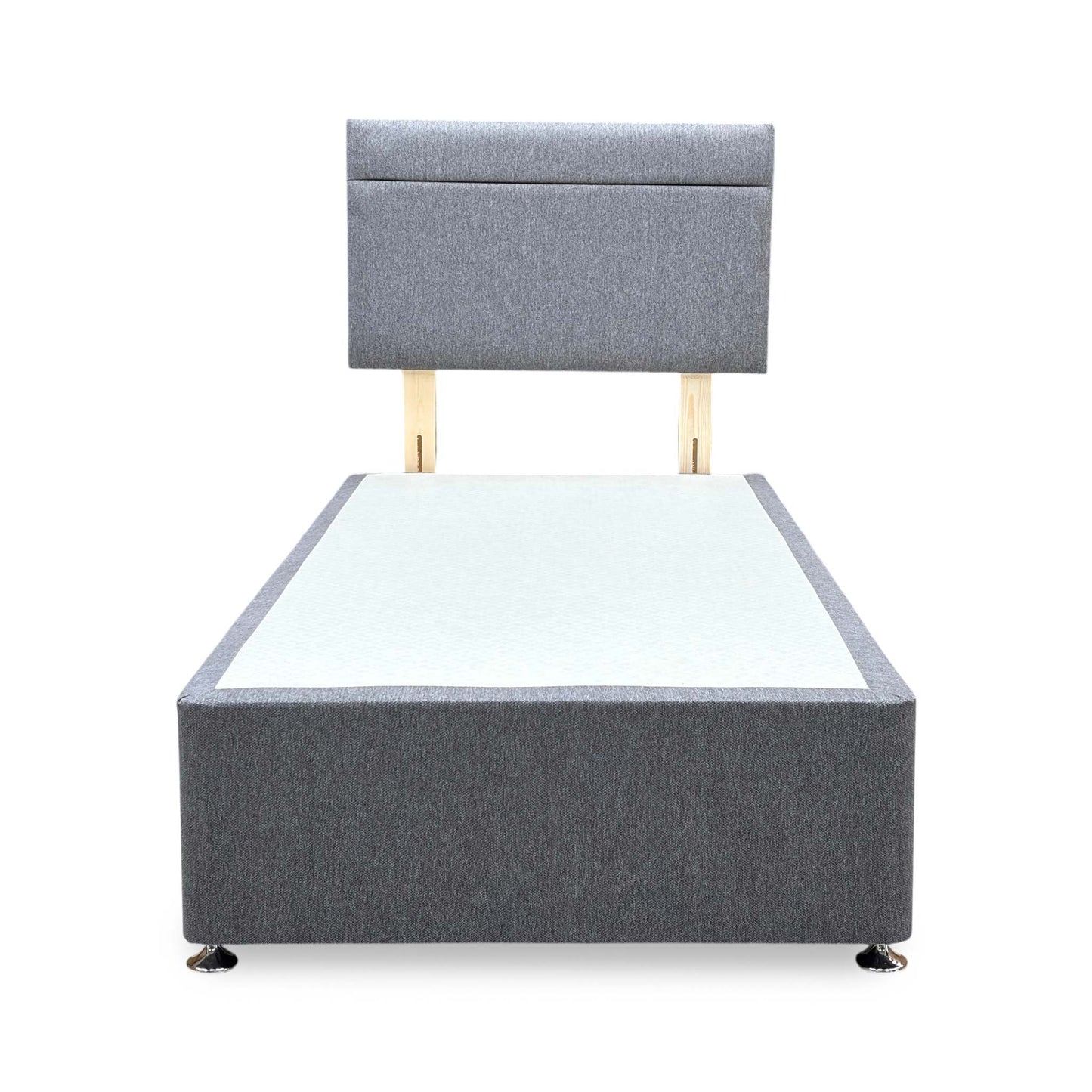 Front-facing shot of the Capella single divan bed set, showcasing the matching upholstered headboard and base in premium Orkney charcoal grey fabric with an elegant floor-standing headboard design.