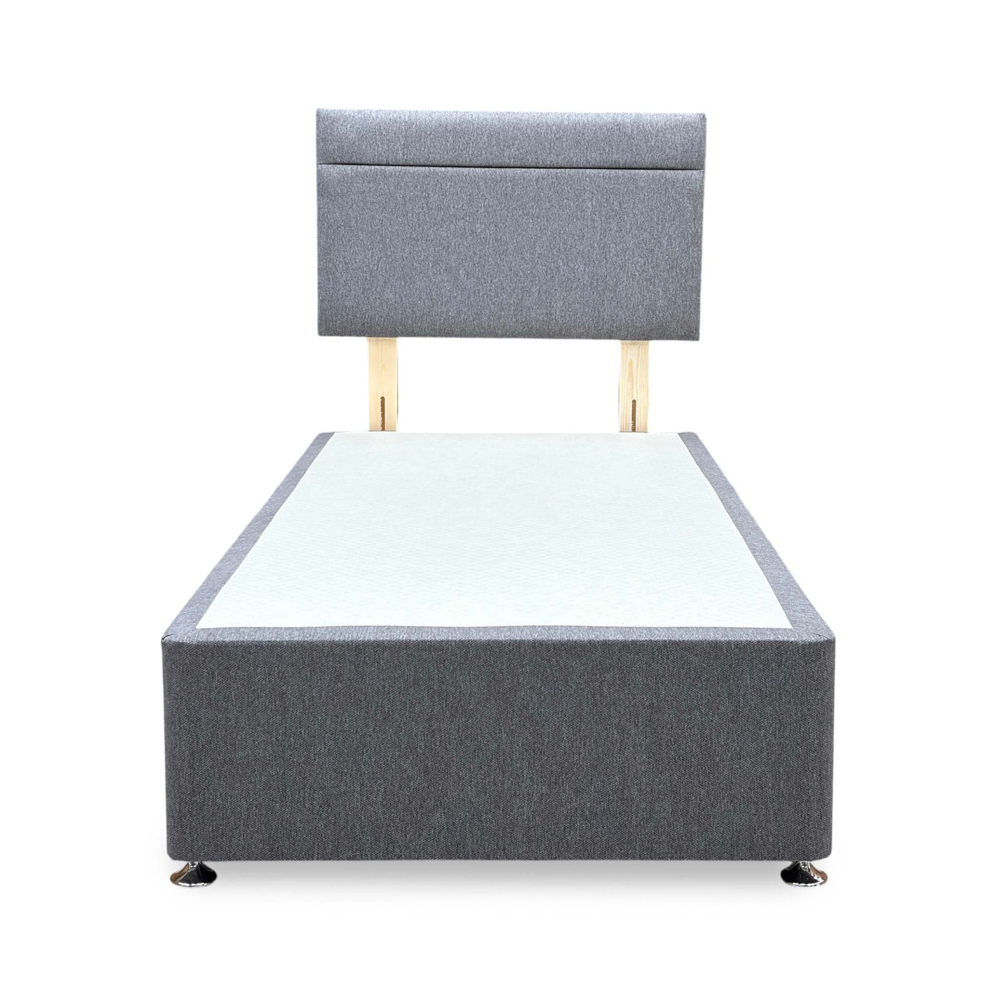 Front-facing shot of the Capella single divan bed set, showcasing the matching upholstered headboard and base in premium Orkney charcoal grey fabric with an elegant floor-standing headboard design.