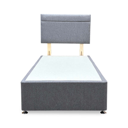 Front-facing shot of the Capella single divan bed set, showcasing the matching upholstered headboard and base in premium Orkney charcoal grey fabric with an elegant floor-standing headboard design.