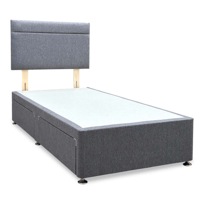 Side profile view of the single divan bed, highlighting the sleek thickness of the floor-standing headboard, the flush alignment of the storage drawers, and the clean, space-saving bedroom footprint.