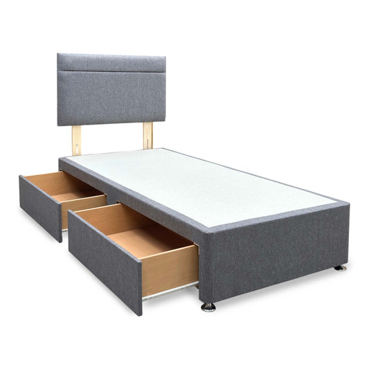 Full view shot of the Capella single divan bed set, showcasing the matching upholstered headboard and base in premium Orkney charcoal grey fabric with an elegant floor-standing headboard design.