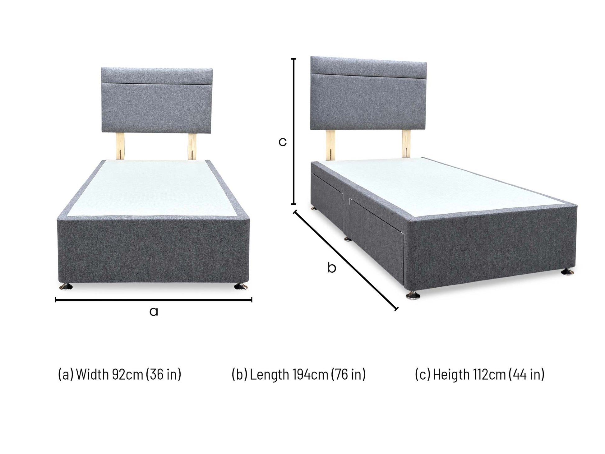 Technical dimension diagram for the Capella Orkney Charcoal Fabric Single Divan Bed and Headboard, outlining full structural measurements.