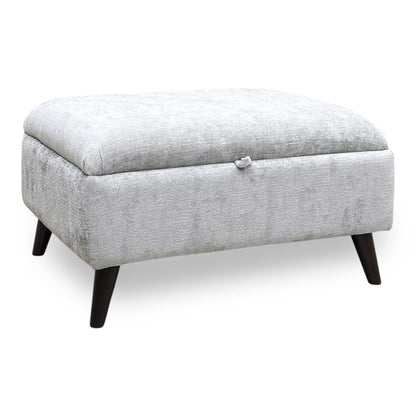 Full view of the ‘Sanremo’ Storage Footstool in Silver fabric, showcasing its elegant rectangular silhouette, deep button-tufted top cushions, and clean, contemporary tailored borders.