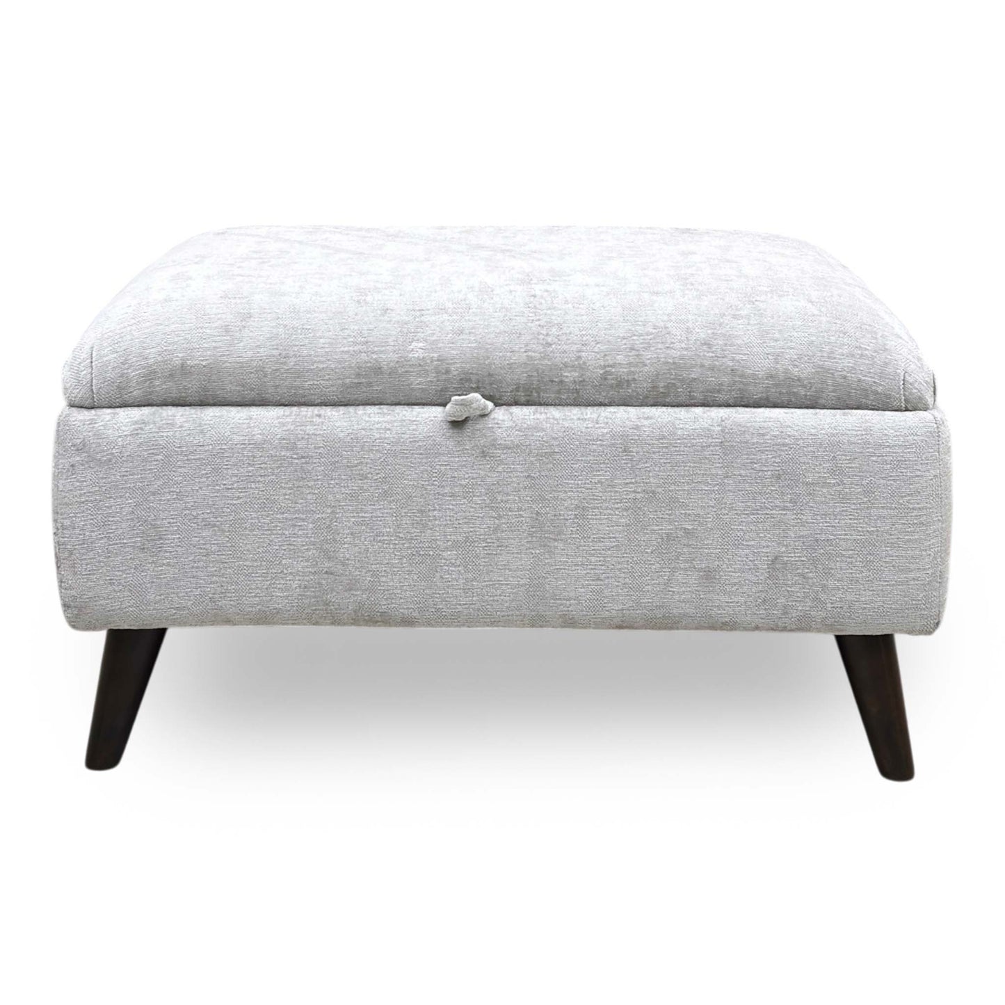 Front view of the ‘Sanremo’ Storage Footstool in Silver fabric, showcasing its elegant rectangular silhouette, deep button-tufted top cushions, and clean, contemporary tailored borders.
