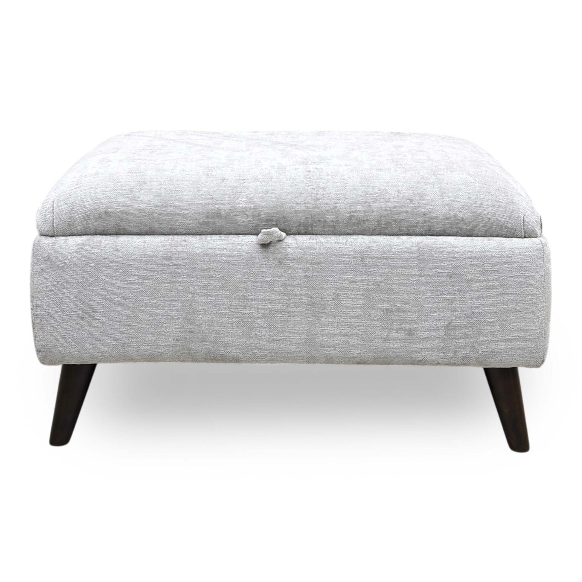 Front view of the ‘Sanremo’ Storage Footstool in Silver fabric, showcasing its elegant rectangular silhouette, deep button-tufted top cushions, and clean, contemporary tailored borders.