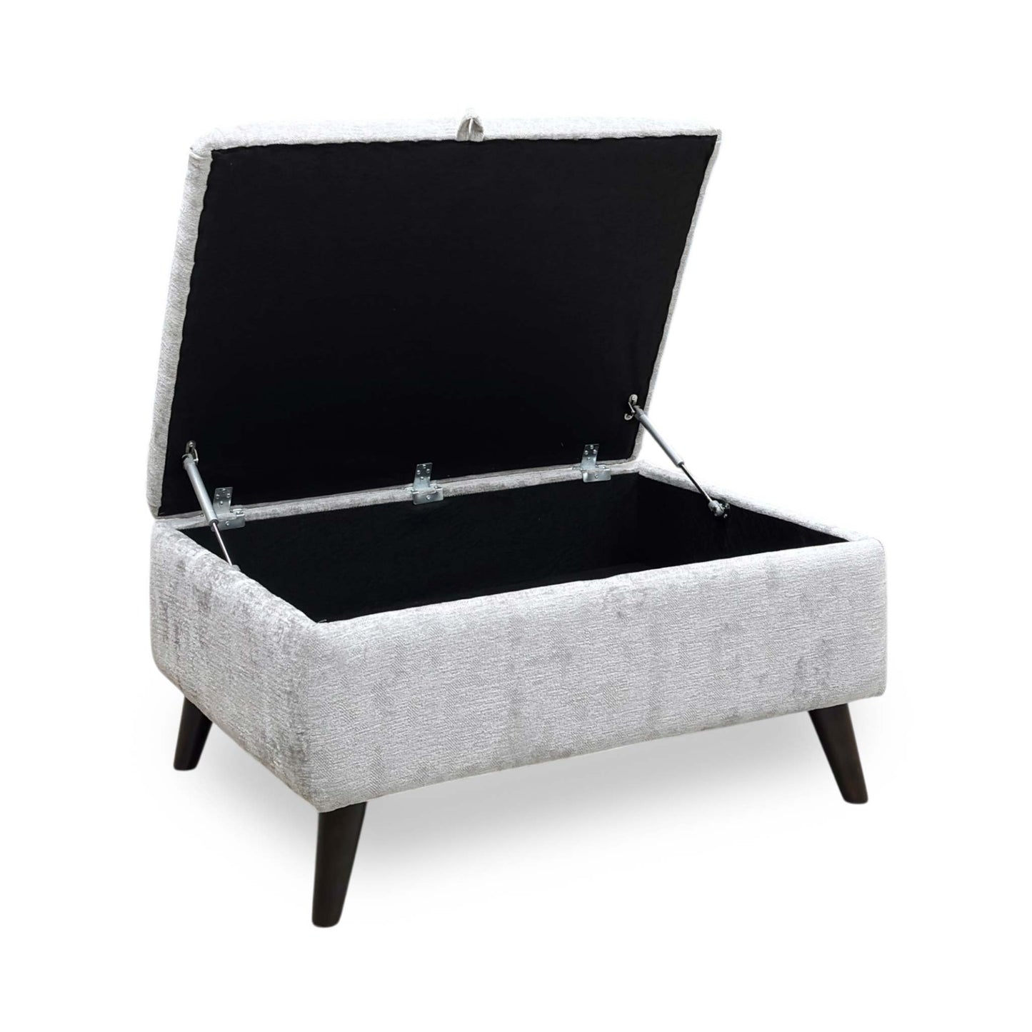 Side view for the ‘Sanremo’ Silver fabric storage footstool, highlighting its dual-purpose design as a comfortable seat and a spacious hidden storage solution.