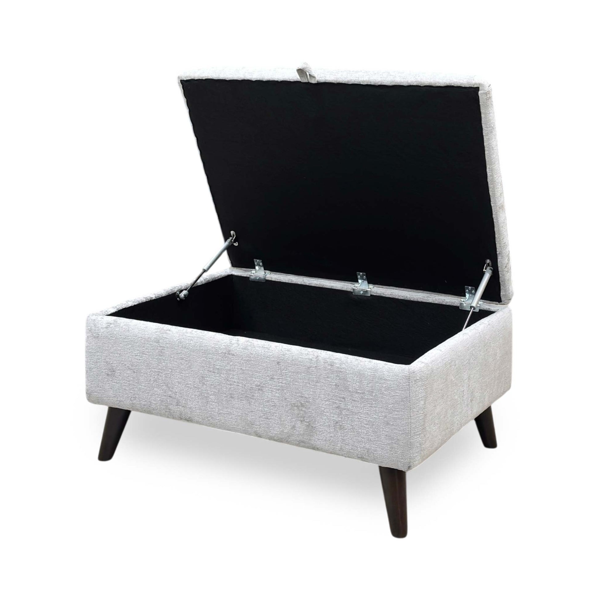 Side profile view of the ‘Sanremo’ footstool with the lid open, demonstrating the deep internal storage compartment, tidy lining, and premium gas-lift safety hinges.