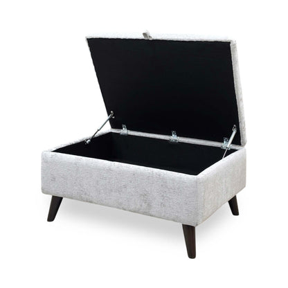 Side profile view of the ‘Sanremo’ footstool with the lid open, demonstrating the deep internal storage compartment, tidy lining, and premium gas-lift safety hinges.