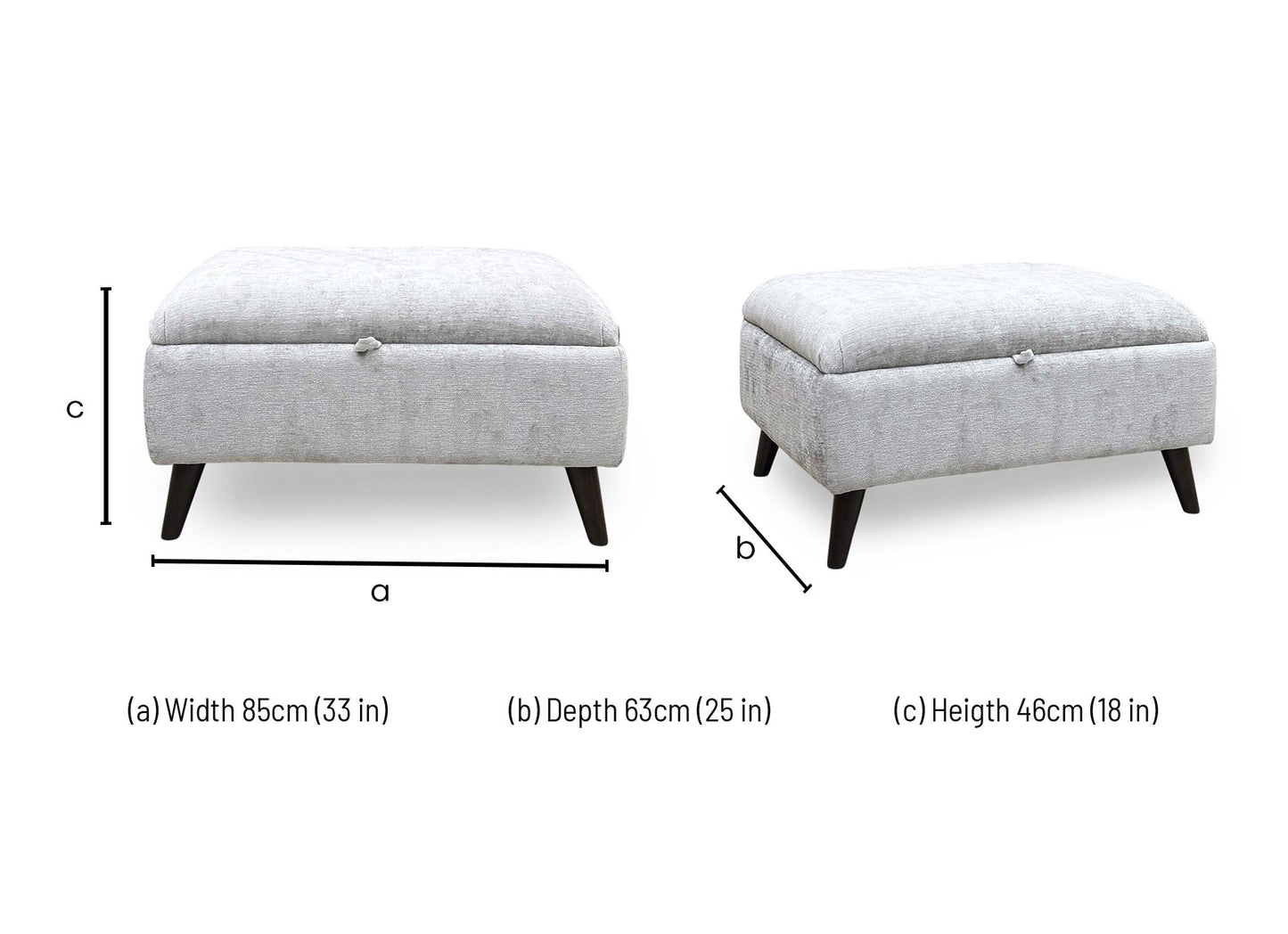 Technical dimension diagram for the ‘Sanremo’ Silver Fabric Storage Footstool, outlining precise structural measurements including width, depth, and total height.